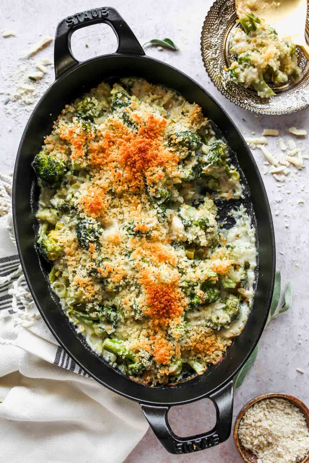 Finished Broccoli Cheese Casserole topped with golden panko