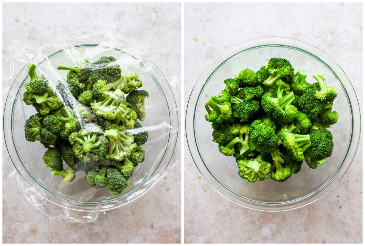 Broccoli being steamed in a glass bowl covered in plastic wrap
