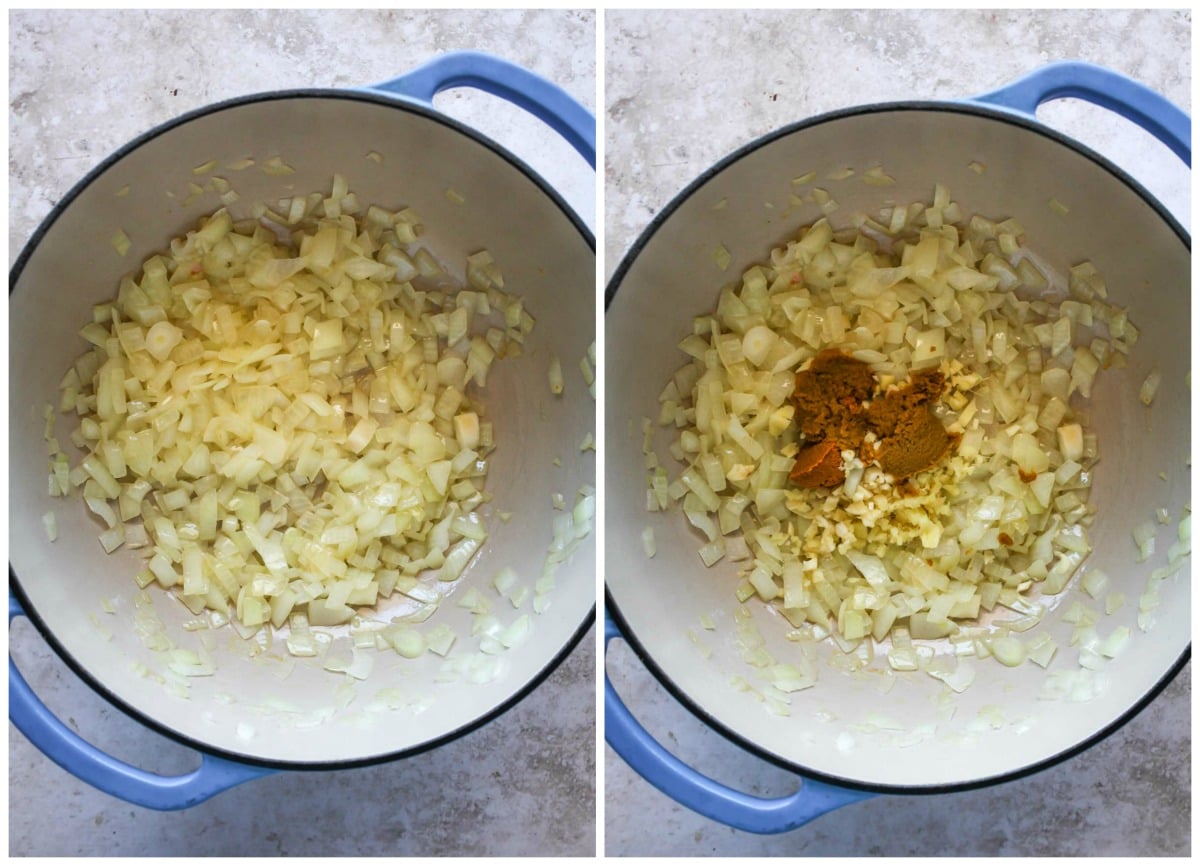 Onions, ginger, and curry paste simmering in a Dutch oven.