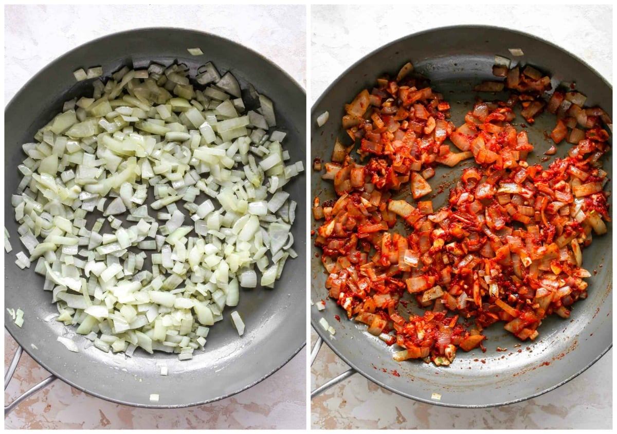 Onions, garlic, and tomato paste being simmered in a skillet