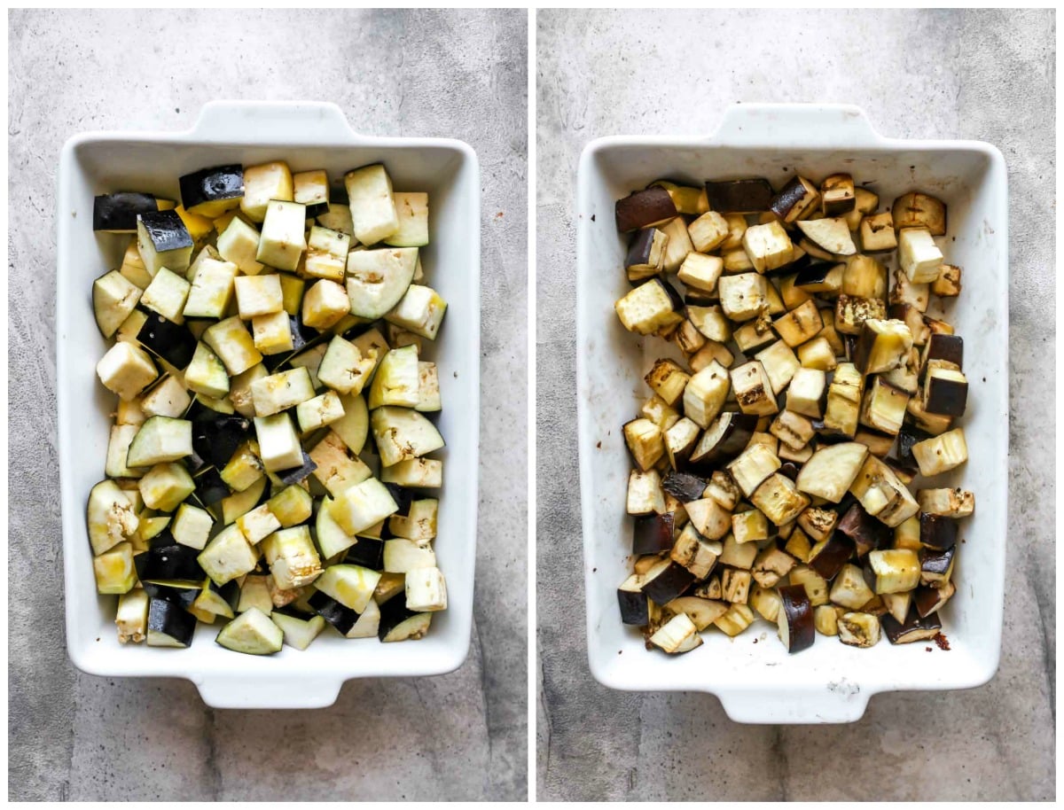 Cubes of eggplant being roasted in a white baking dish.