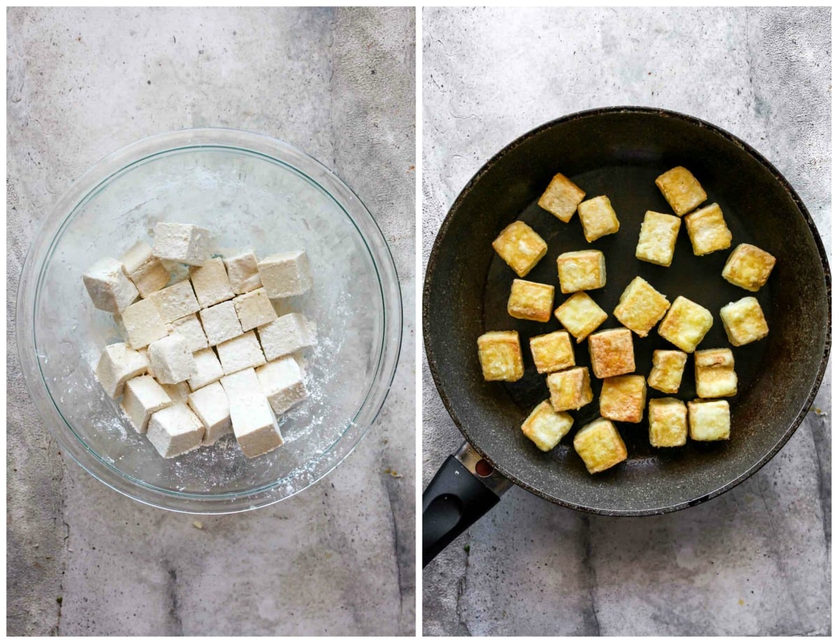 Tofu being tossed in cornstarch and cooked in a skillet