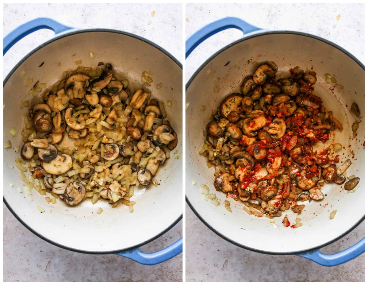 Mushrooms, onions, and tomato paste cooking in a Dutch oven