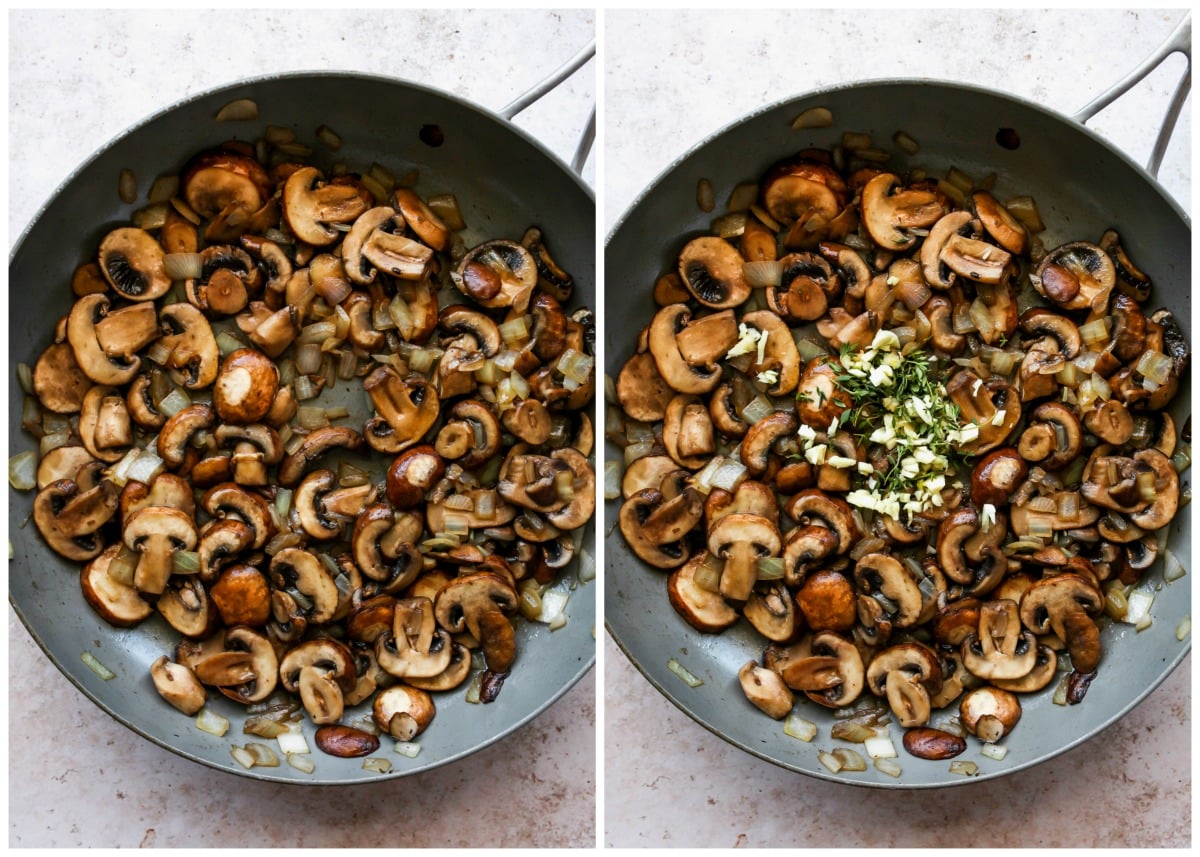 Mushrooms and onions sautéing in a skillet, and garlic and herbs being mixed in.