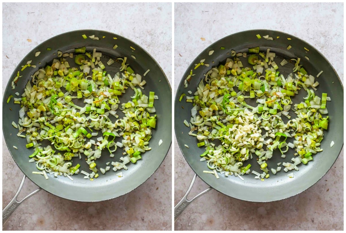 Shallots and leeks being sauteed in a large skillet