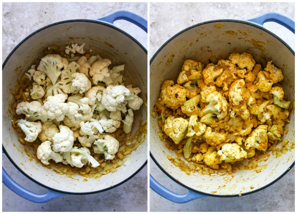 Cauliflower florets being mixed into onion and curry paste mixture in a large pot.