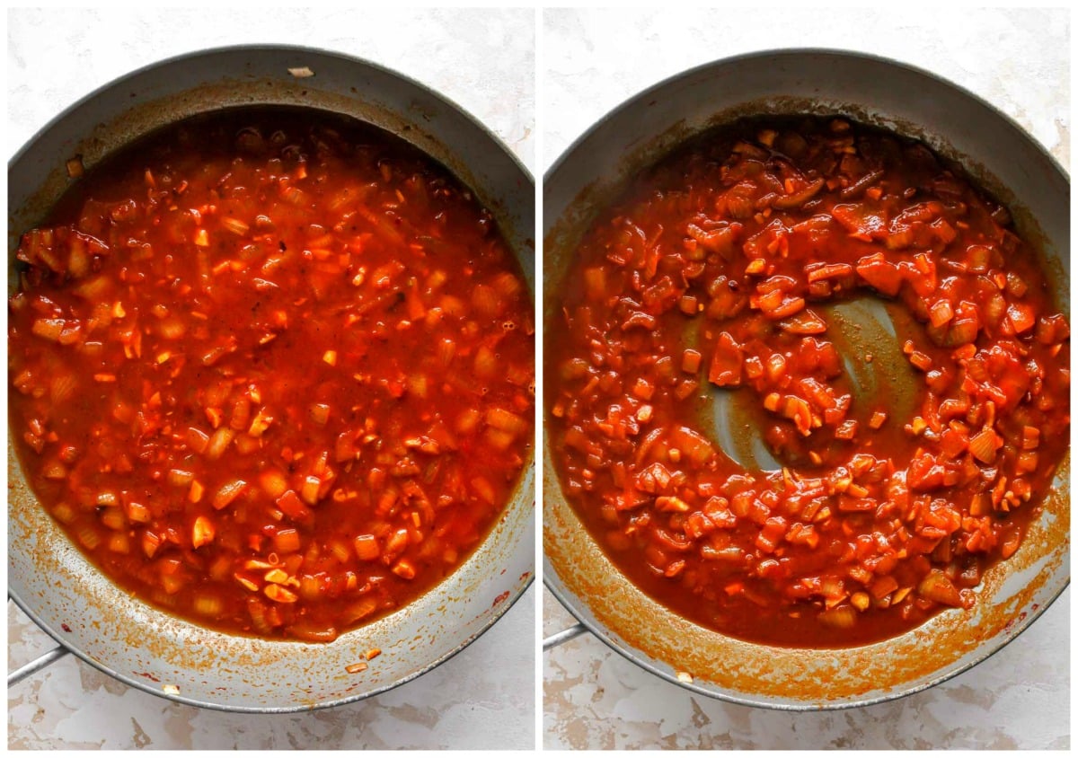 Sherry and broth being mixed into a skillet of tomato paste and onions