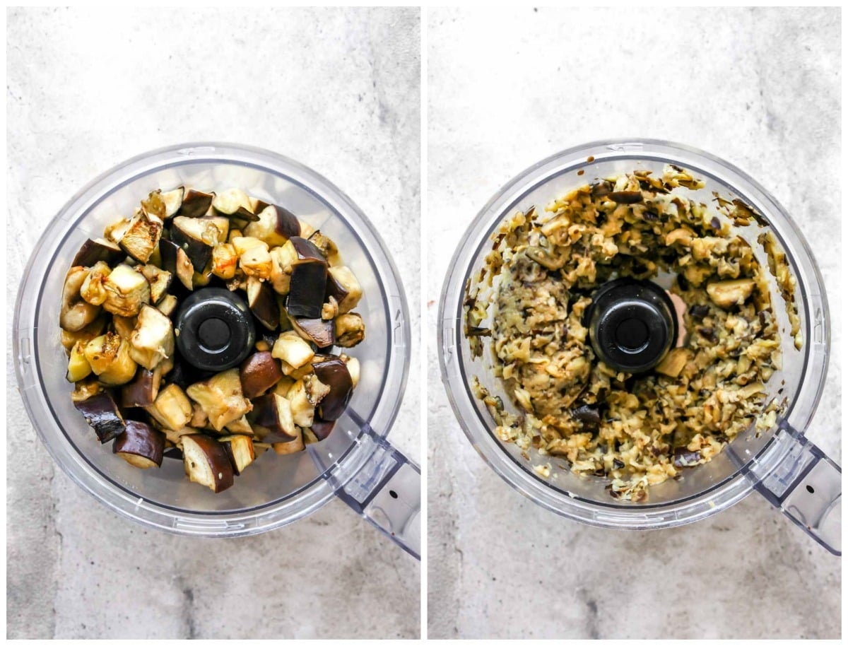Roasted eggplant cubes being pulsed in a food processor until broken down.