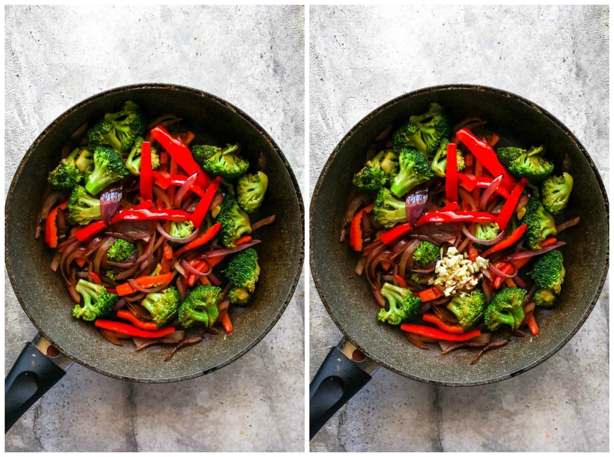 Broccoli, bell pepper, and red onion being sautéed in a skillet