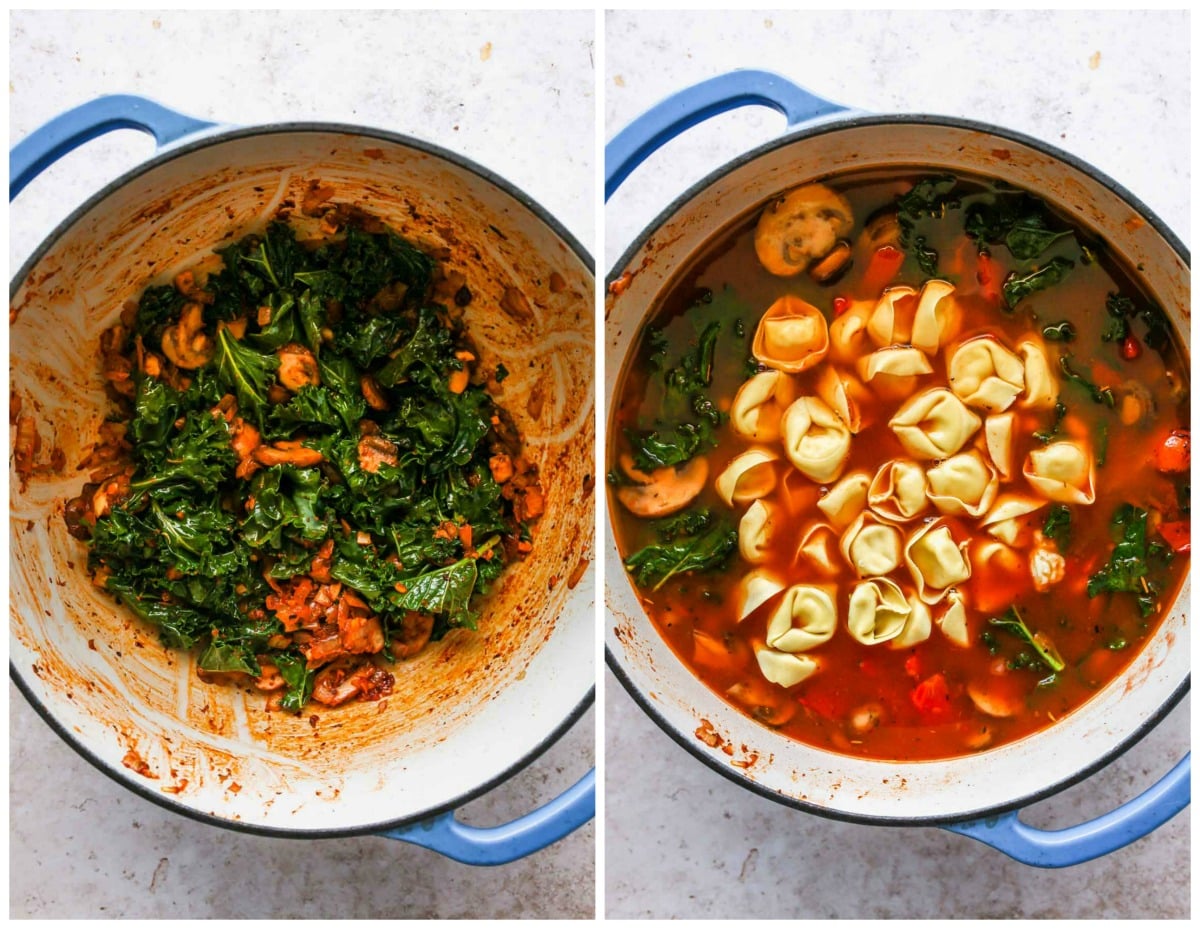 Kale, tomatoes, broth, and pasta being mixed into soup