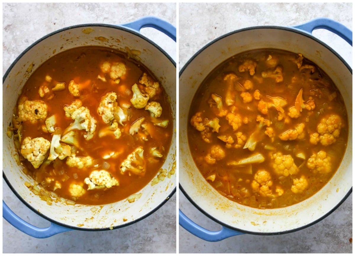 Broth being stirred into a mixture of cauliflower and curry paste.
