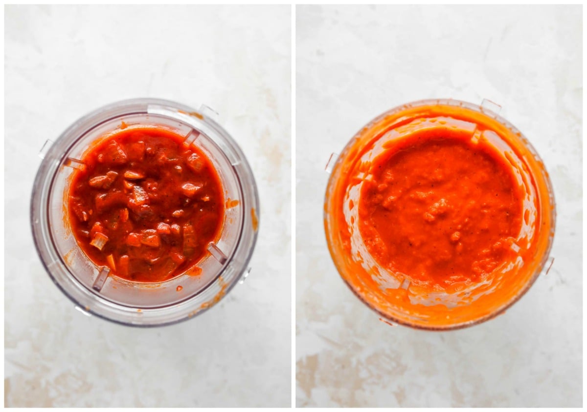 Red pepper sauce being blended until smooth in a blender
