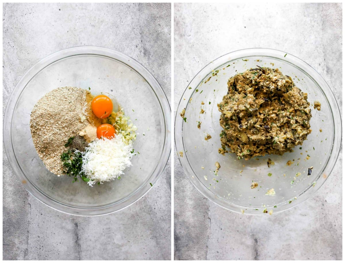 Remaining meatball ingredients added to blended eggplant and mixed to combine.