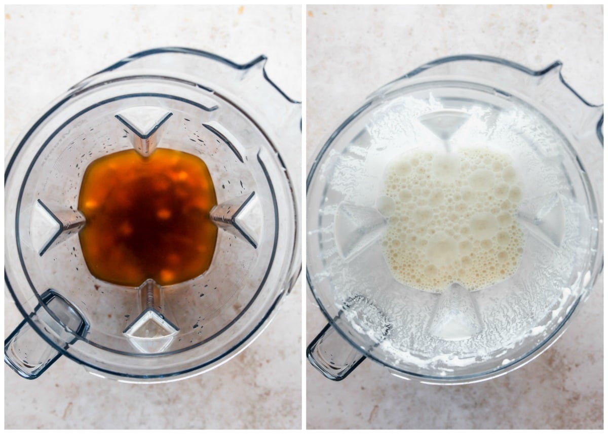 Cashew cream being blended in a blender until smooth and creamy.
