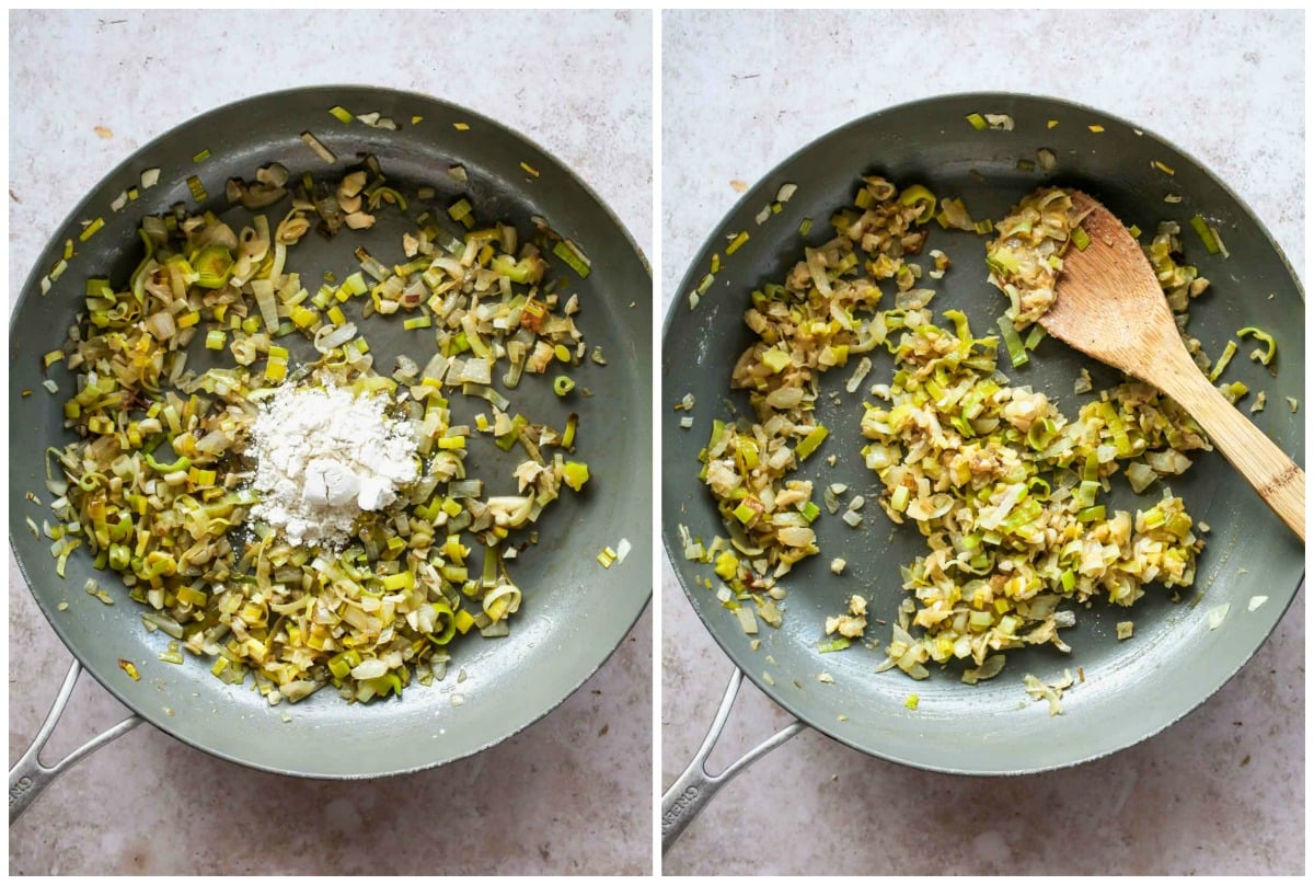Flour being stirred into a skillet of sautéed onions