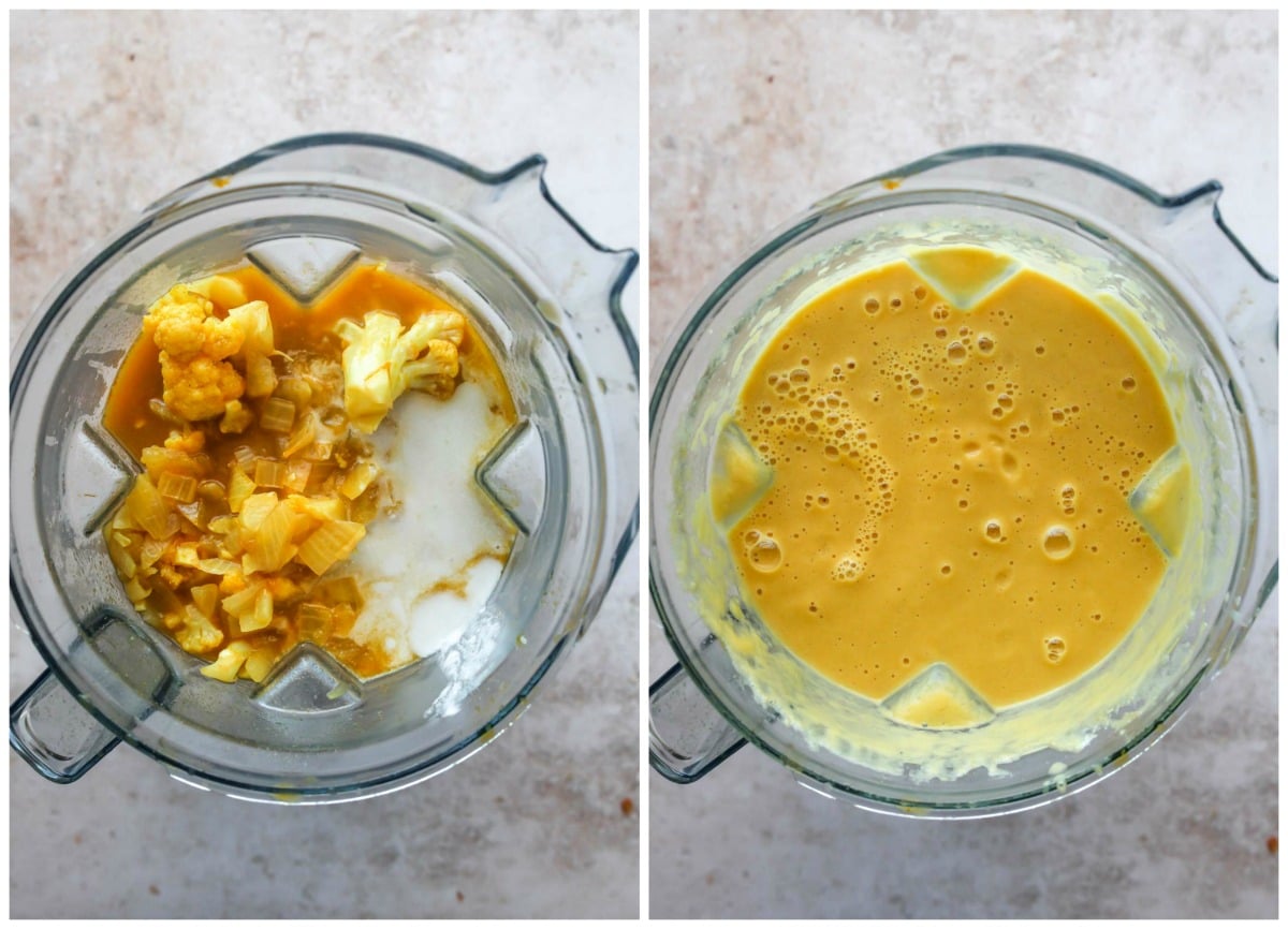 Cauliflower soup being blended until smooth in a blender.