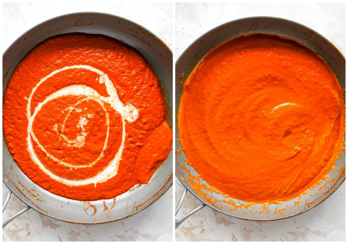 Heavy cream being mixed into a pan of red pepper sauce