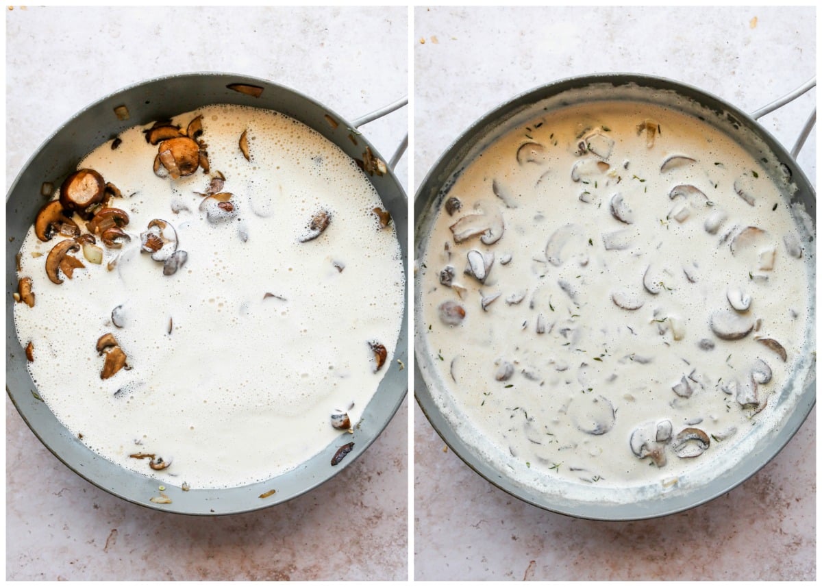 Cashew cream mixture being poured into a pan of sautéed mushrooms and onion.