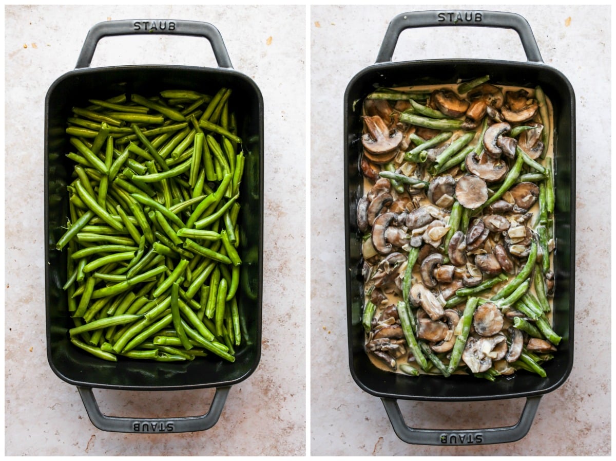 Green beans and vegan cream of mushroom soup being added to a cast iron baking dish.