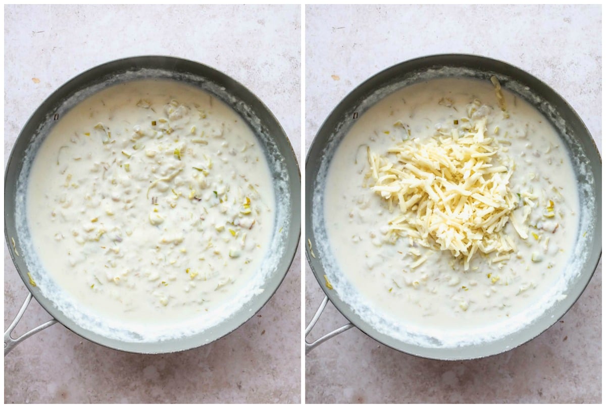 Milk and cheddar cheese being whisked into a pan sauce