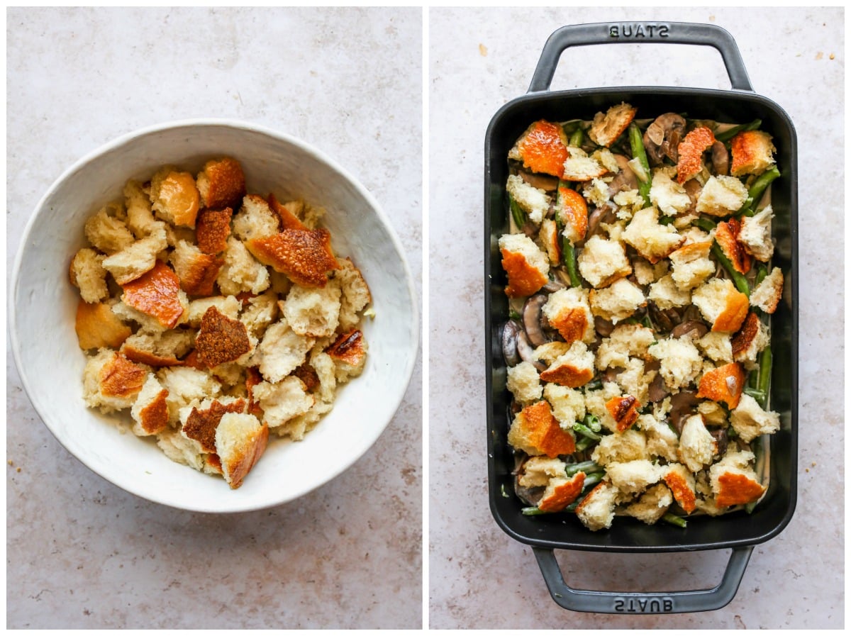 Sourdough croutons being prepared in a white mixing bowl and scattered over green bean casserole.