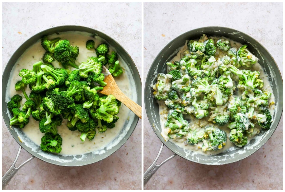 Broccoli florets being stirred into a cheesy sauce