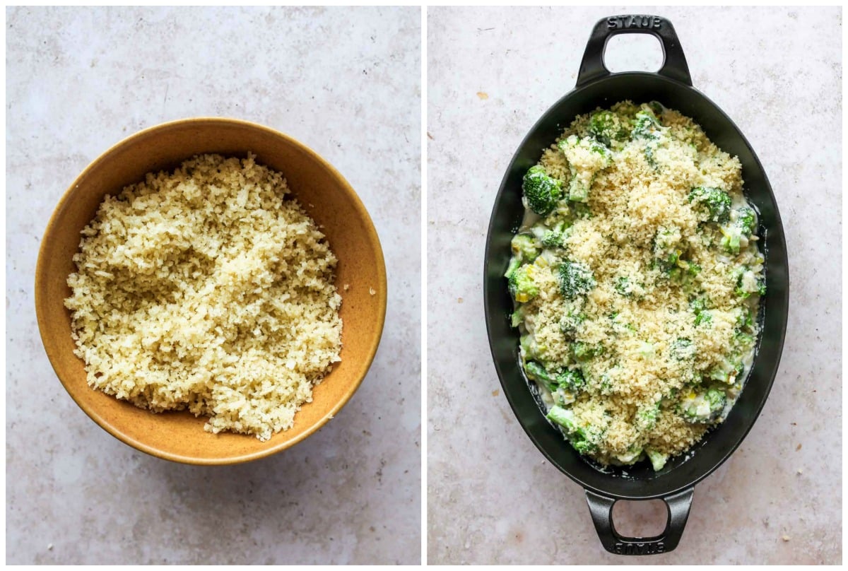 Panko being tossed in olive oil and scattered over a pan of broccoli and cheese sauce