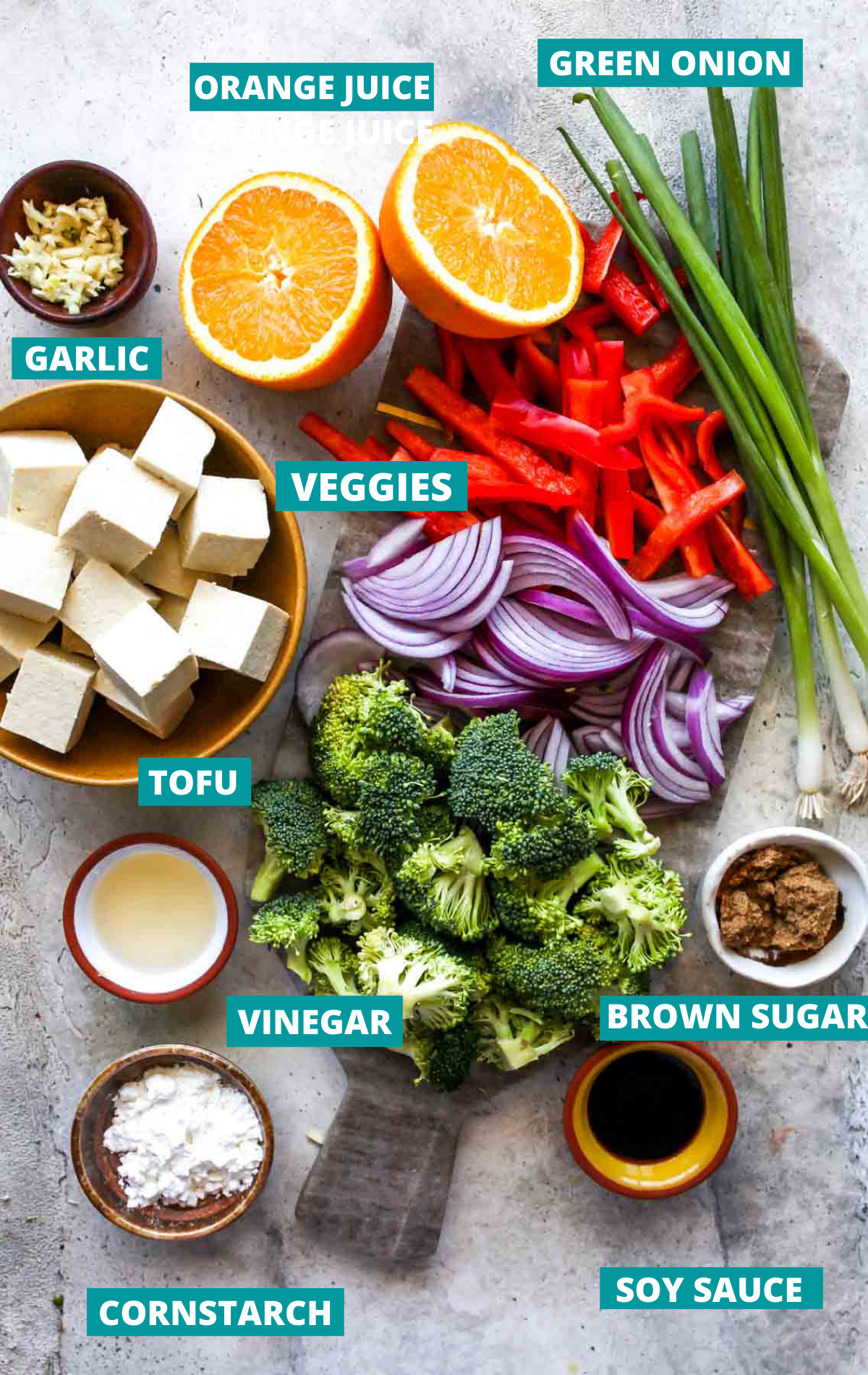 Vegan orange chicken ingredients in separate bowls with blue labels