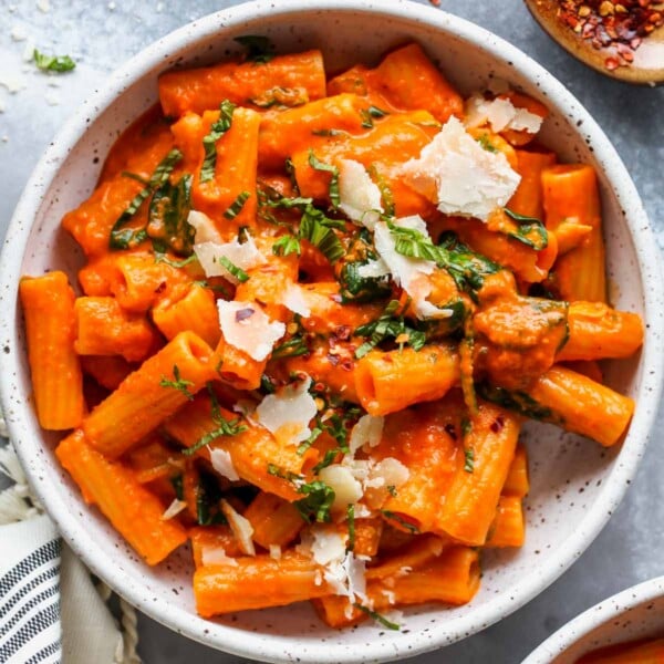 Roasted red pepper pasta with basil and Parmesan