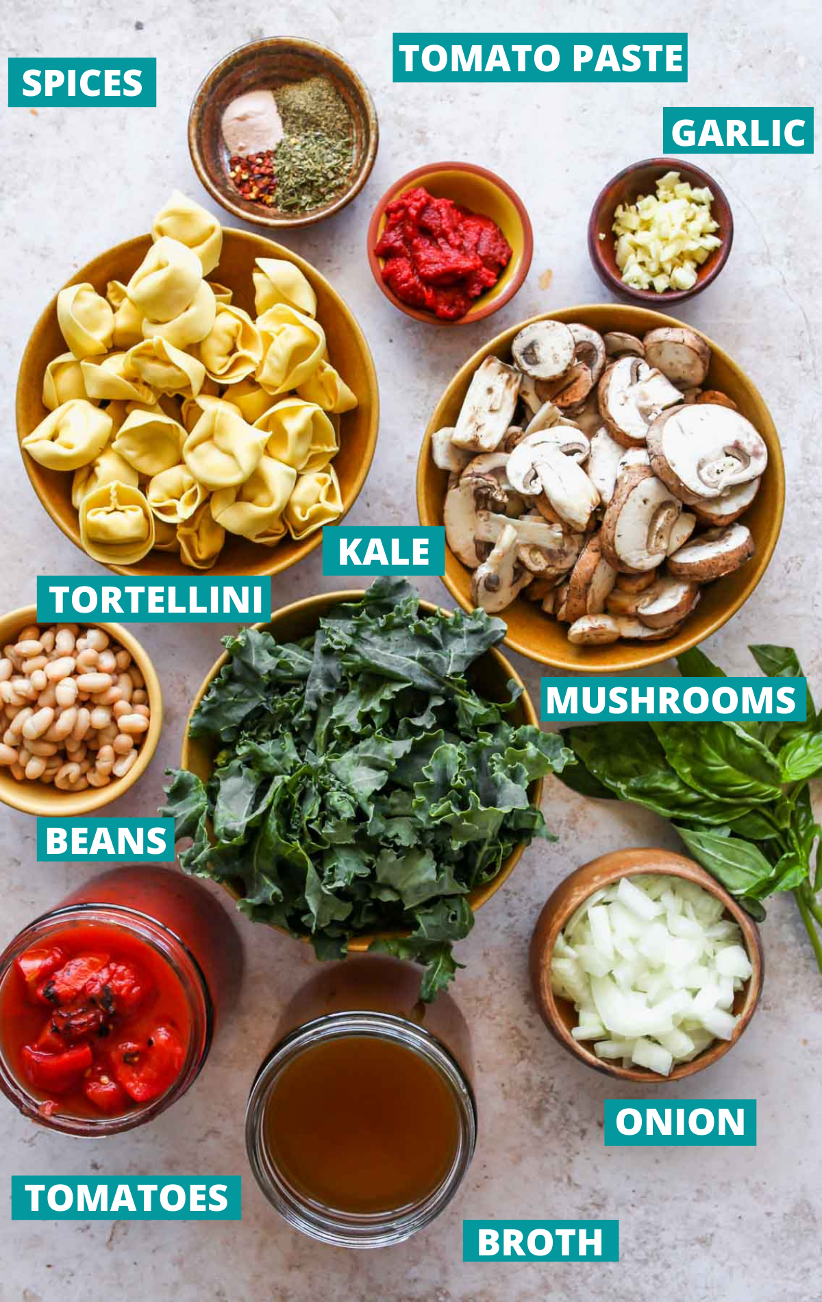 Tortellini soup ingredients in separate bowls with blue labels