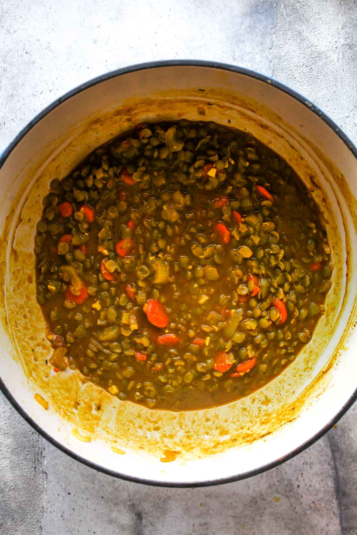 Cooked split pea soup in a large pot