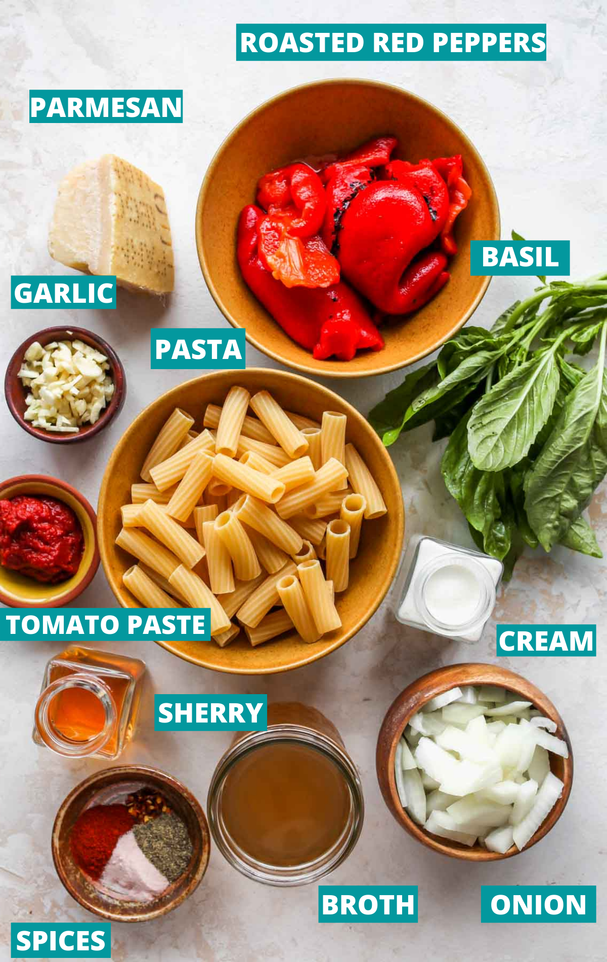 Red pepper pasta ingredients in separate bowls with blue labels