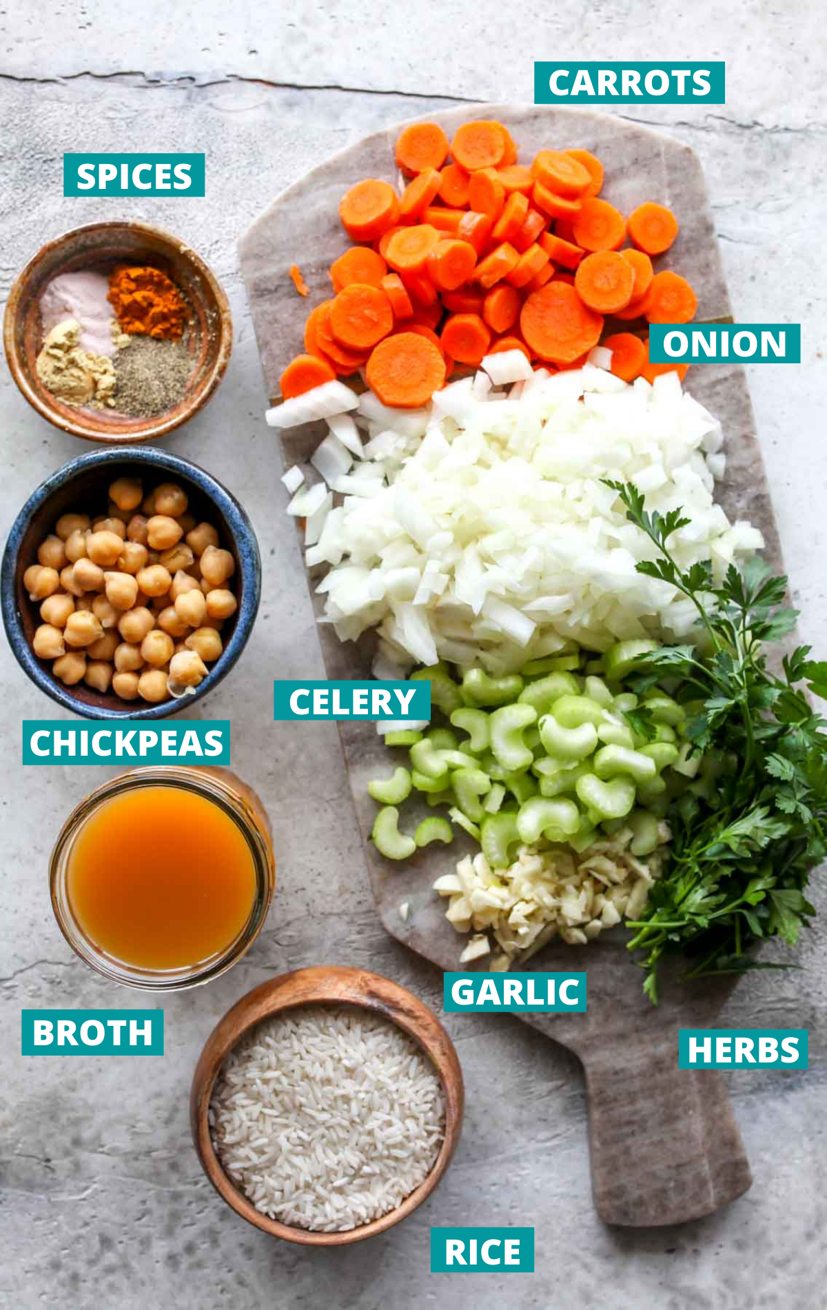 Vegetarian rice soup ingredients in separate bowls with blue labels