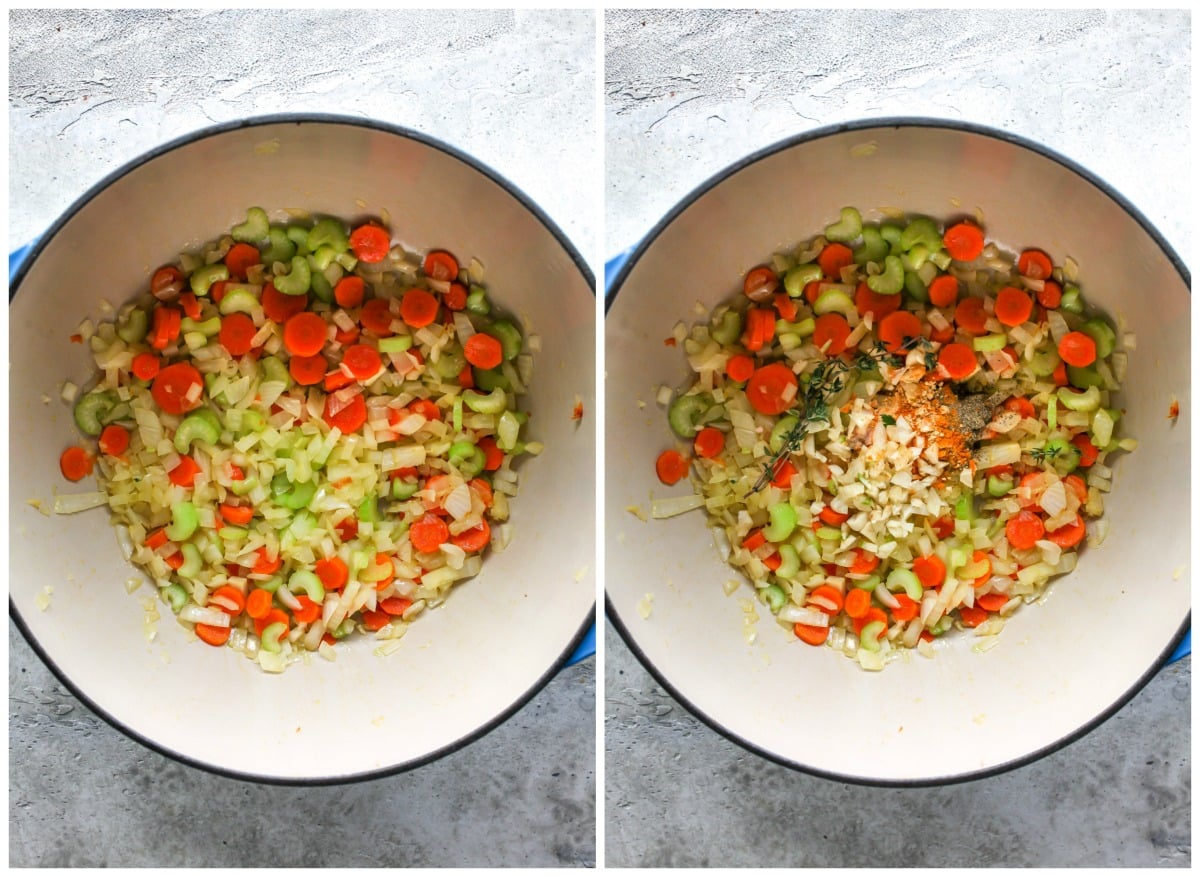 Carrots, onion, celery, and garlic being sautéed in a Dutch oven