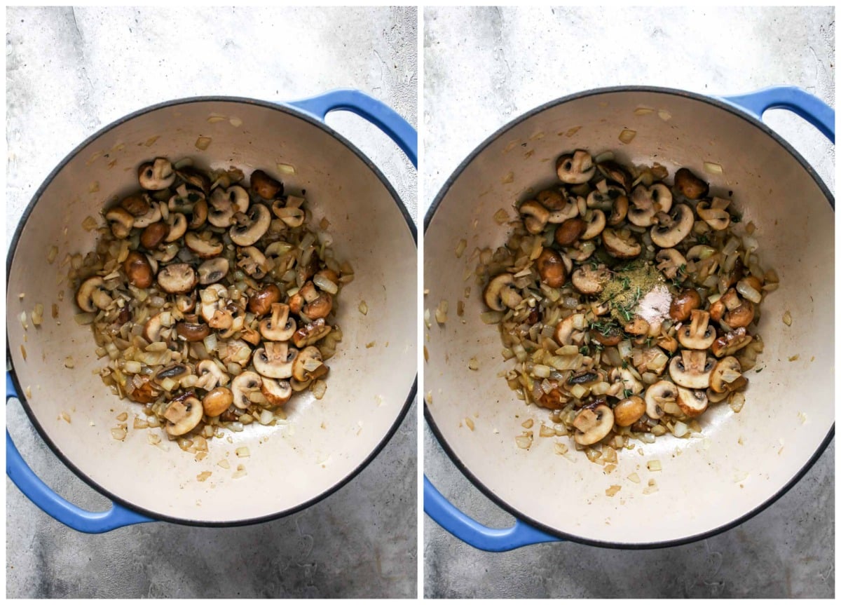 Mushrooms, onion, and garlic sautéing in a Dutch oven