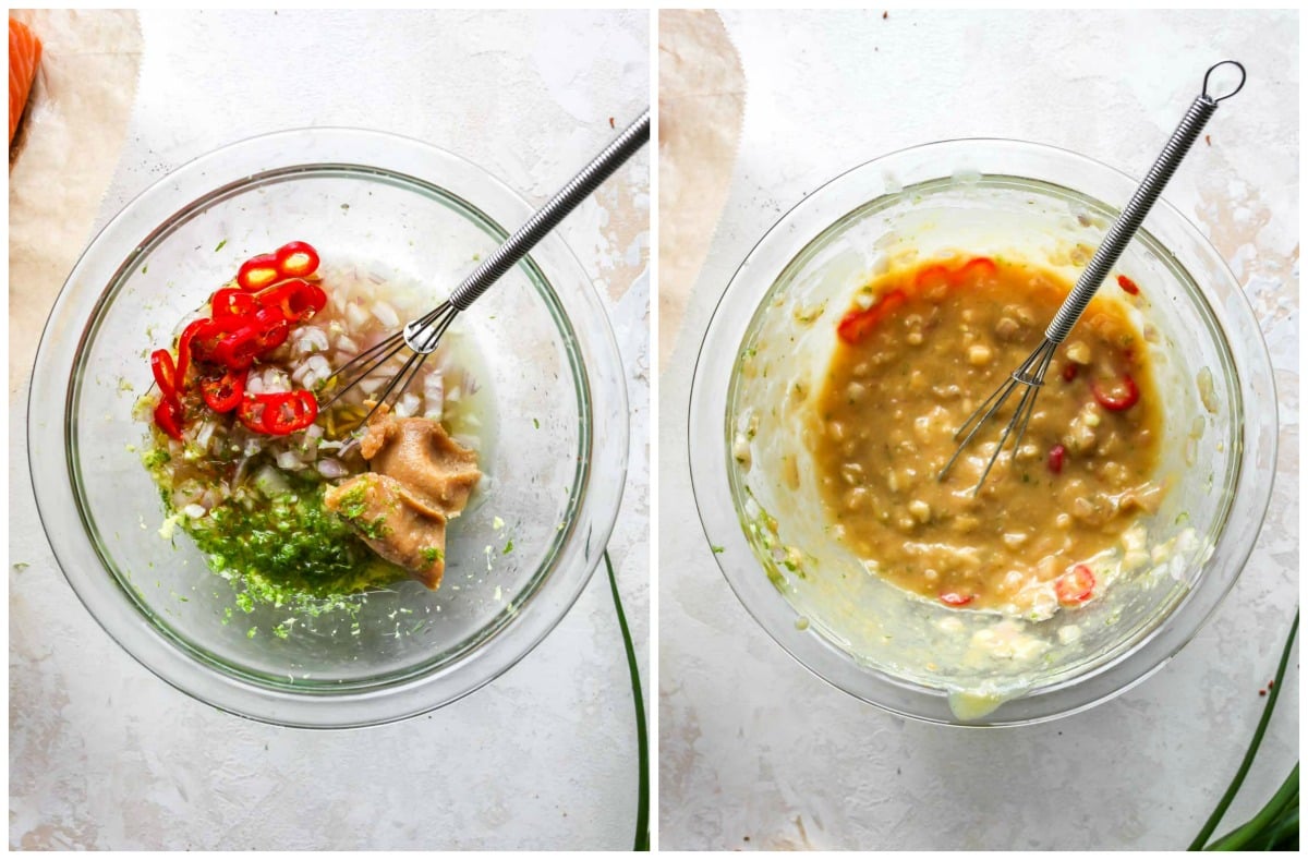 Miso, lime zest, shallots, garlic, and ginger being whisked in a clear glass bowl
