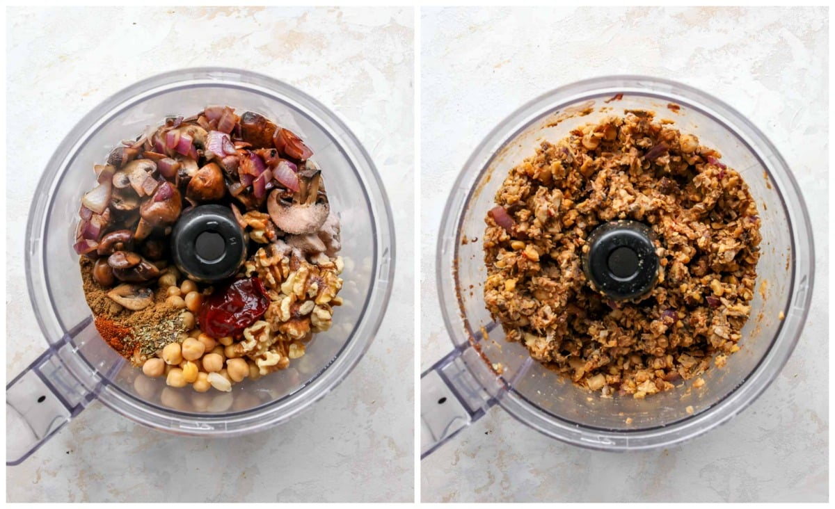 Chickpeas, mushrooms, chipotle peppers, and spices being pulsed in a food processor