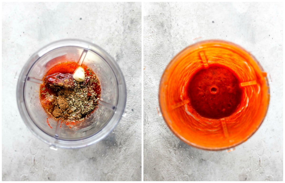 Al Pastor sauce being blended until smooth in a blender
