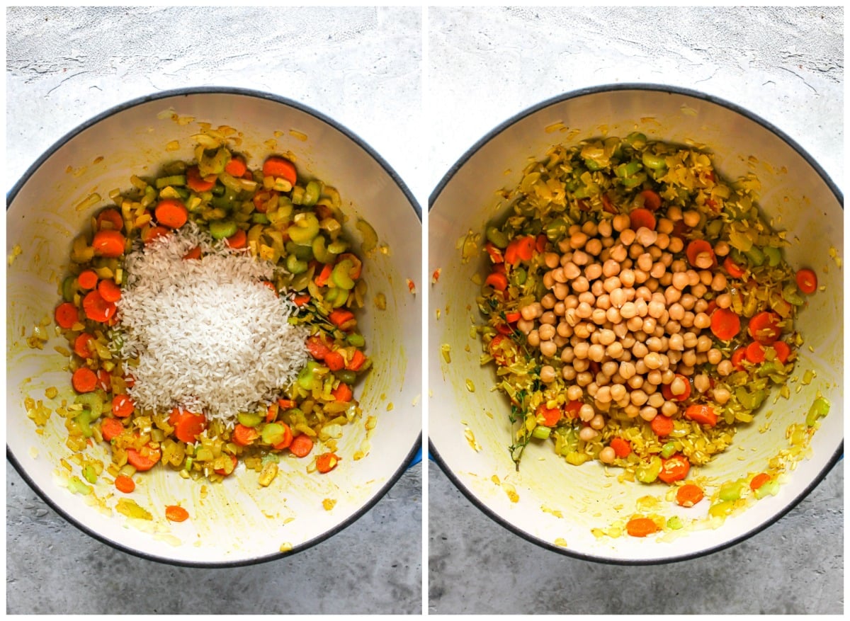 Rice and chickpeas being stirred into a Dutch oven of aromatics