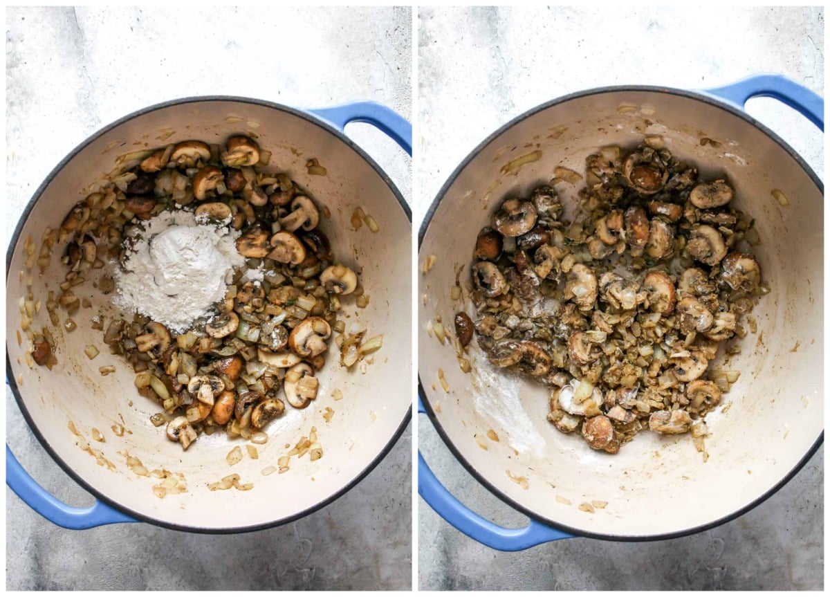 Flour being mixed into mushroom mixture and cooked down