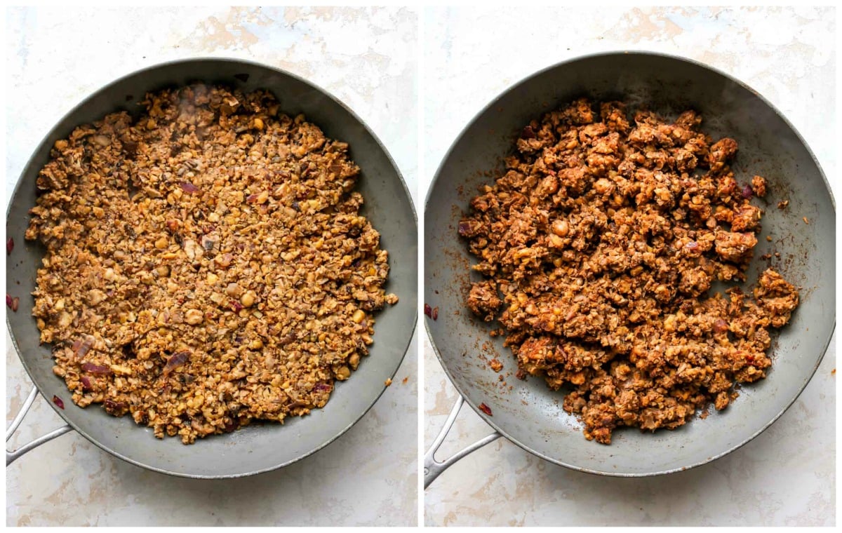 Chickpea chorizo mixture being cooked in a skillet until crisp and browned