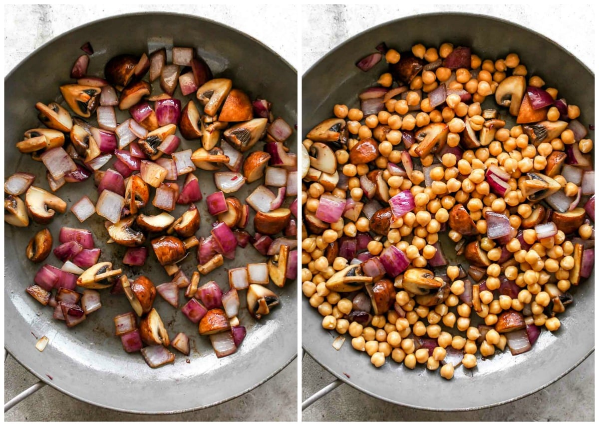 Mushrooms, red onion, and chickpeas being sautéed in a silver skillet