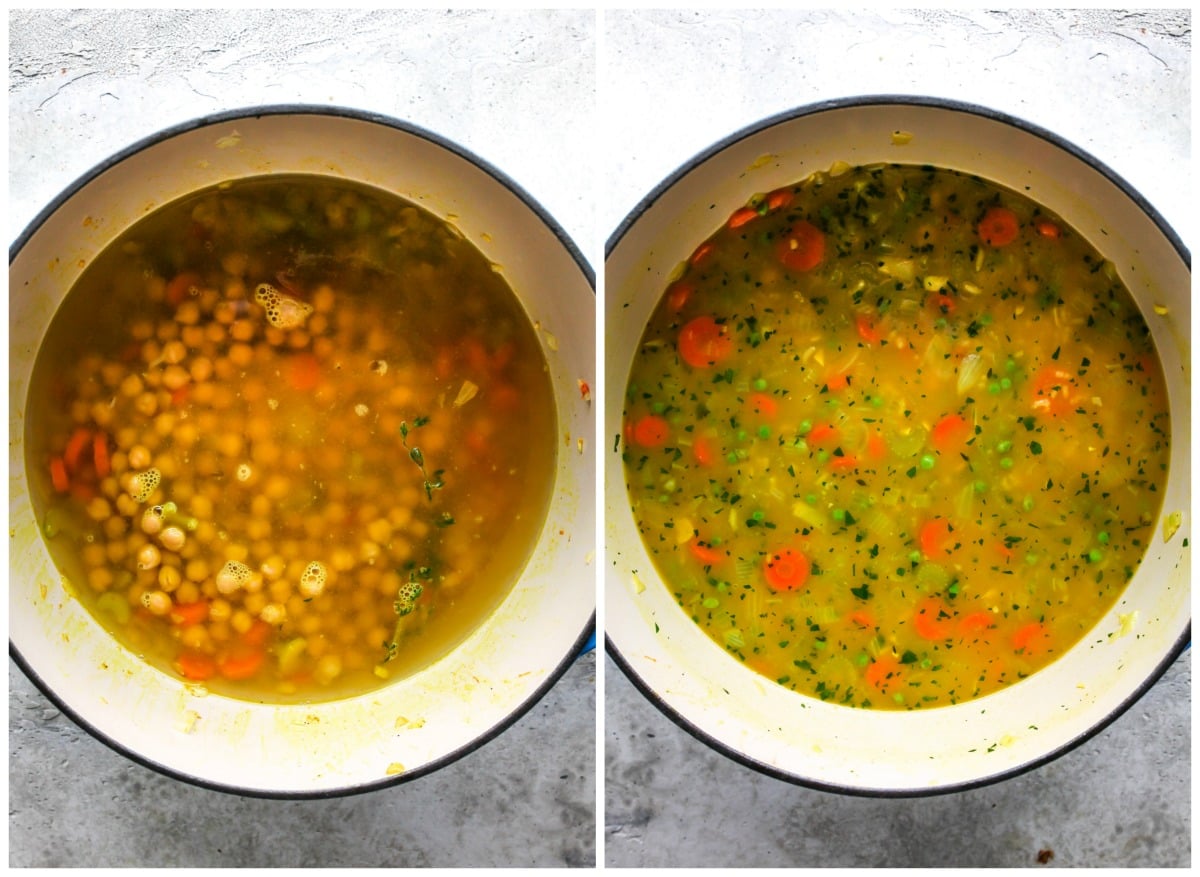 Broth being added to a pot of soup
