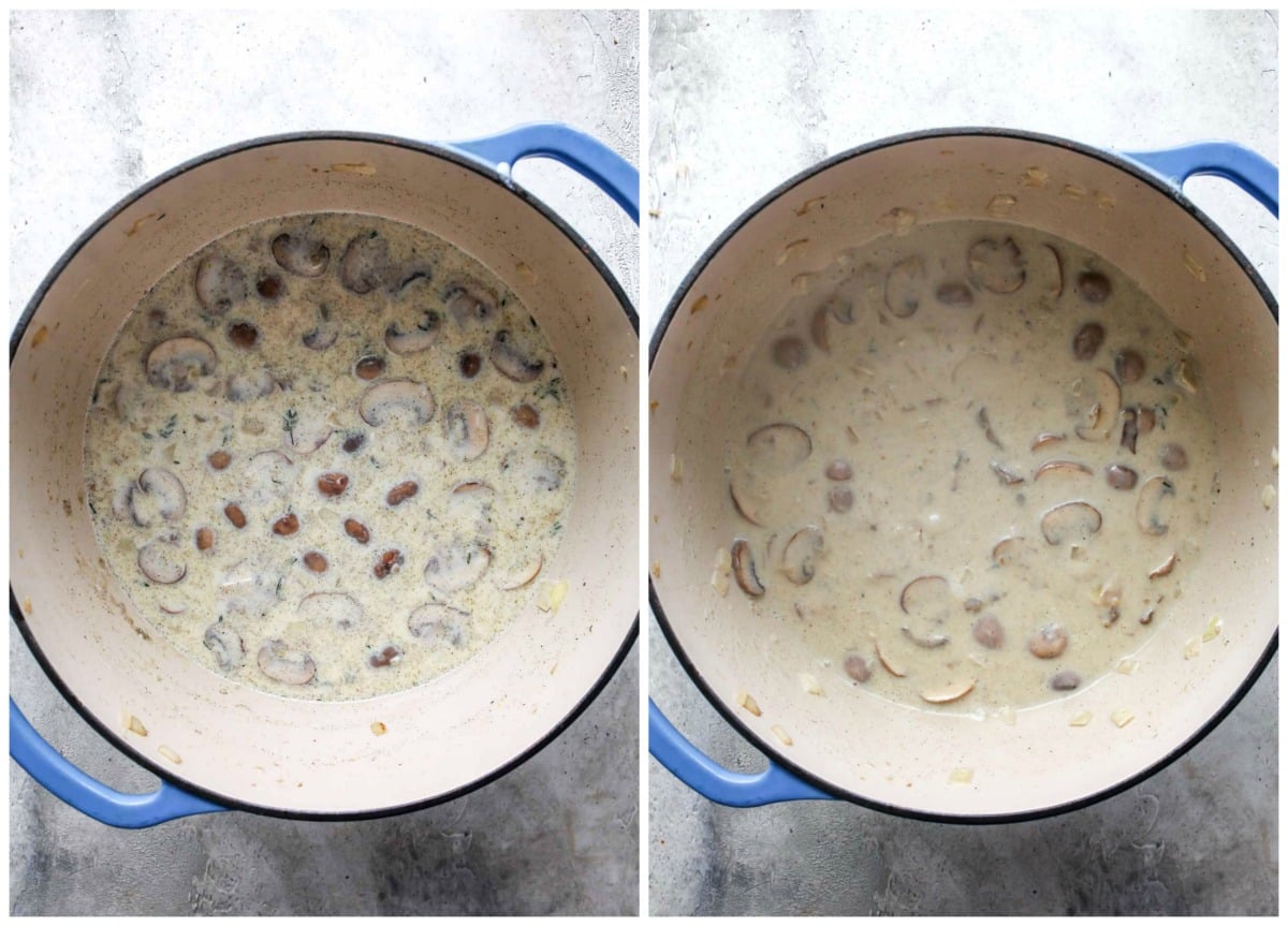 Milk and broth being whisked into a Dutch oven of vegetables