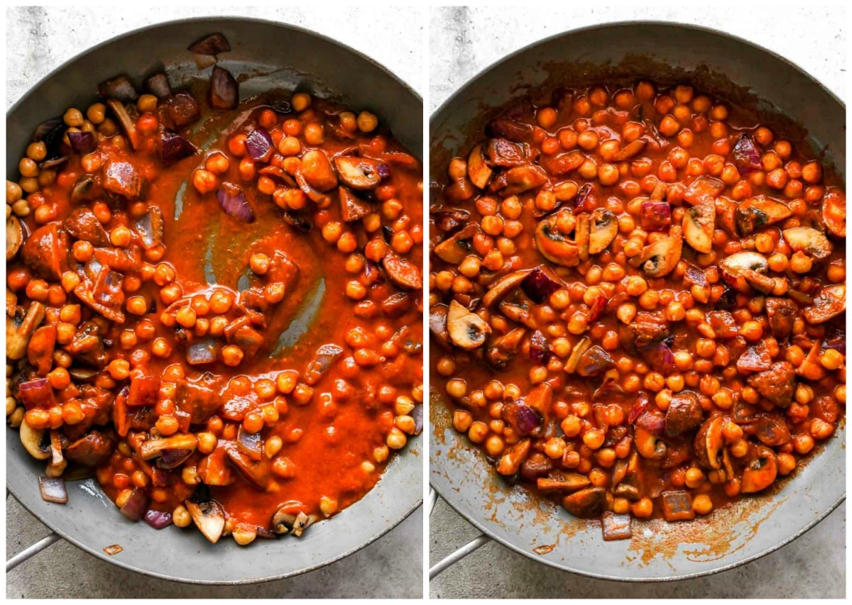 Al pastor sauce being poured into a skillet with veggies