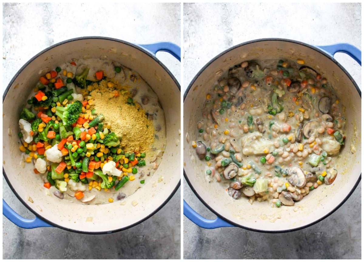 Frozen veggies, white beans, and nutritional yeast being stirred into a Dutch oven