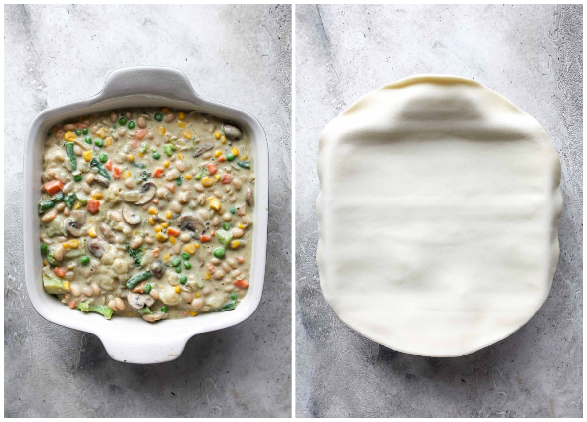 Pot pie filling being transferred to a baking dish