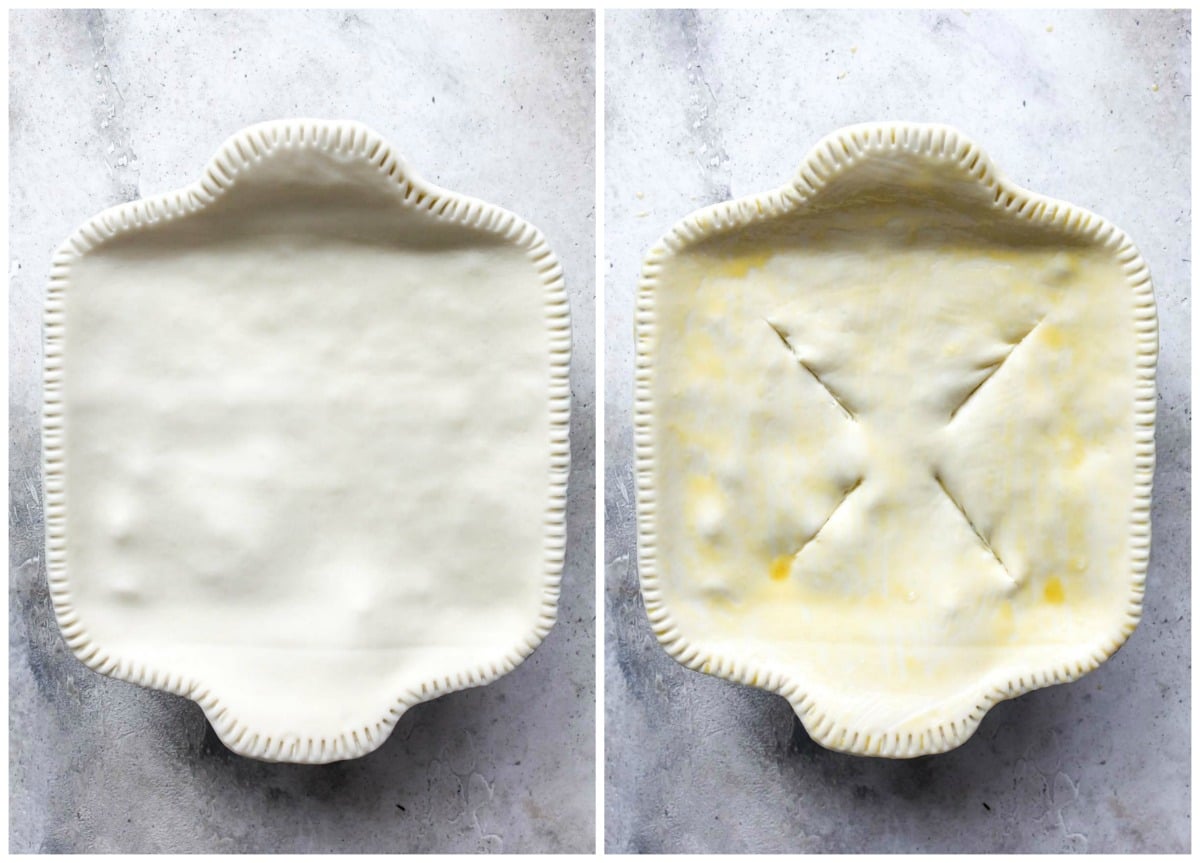 Pie crust being crimped around a baking pan and brushed with egg wash