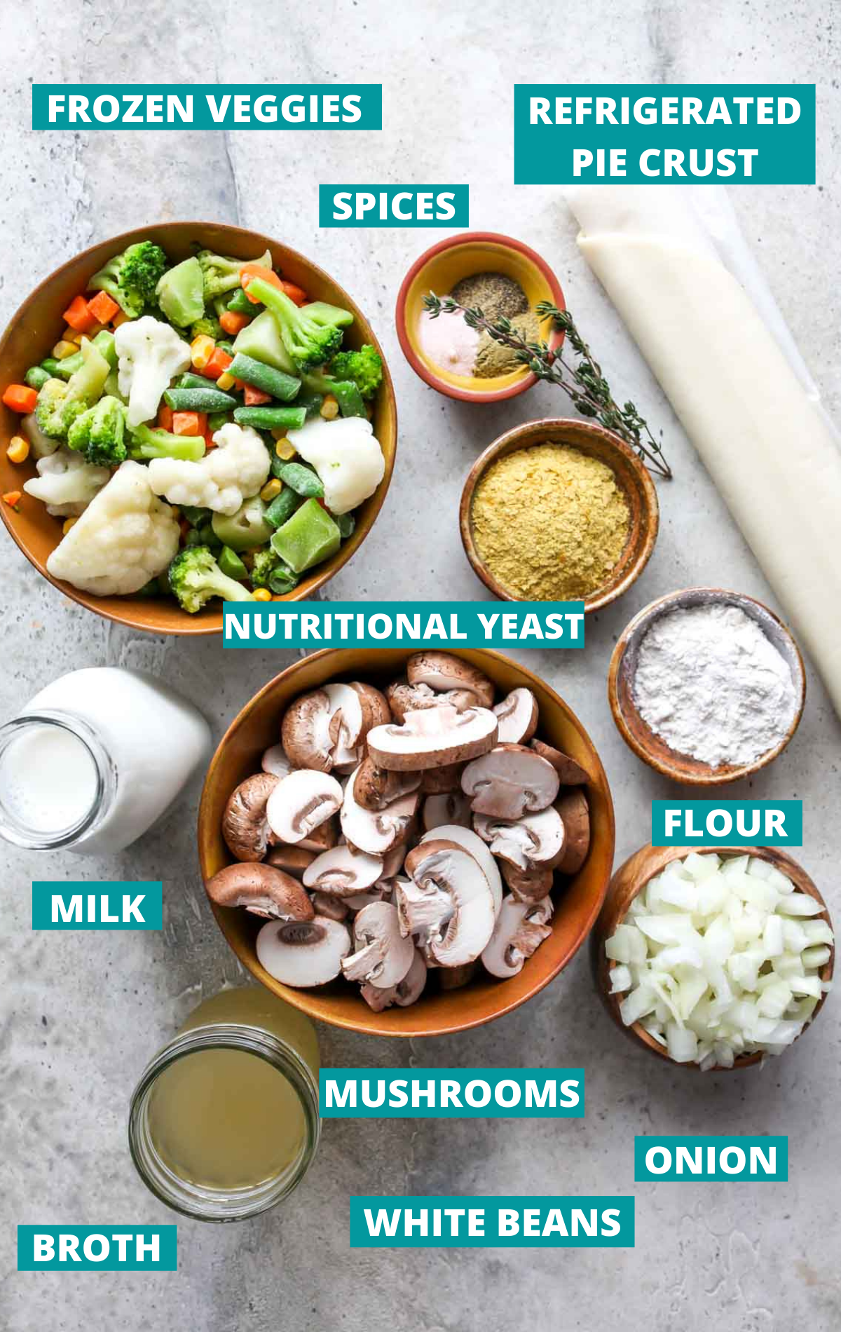 Veggie pot pie ingredients in separate bowls with blue labels