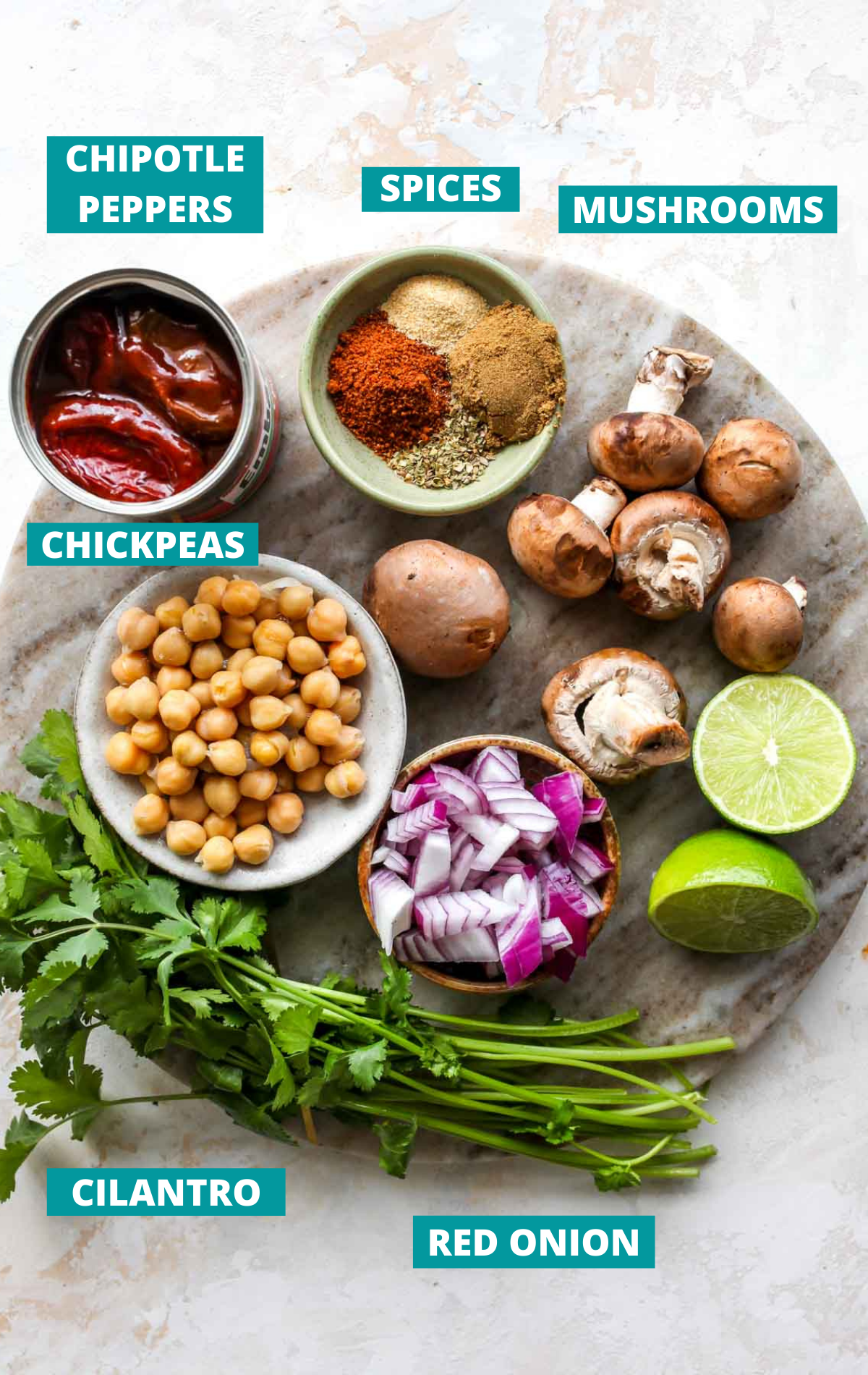 Recipe ingredients in a cutting board with blue labels